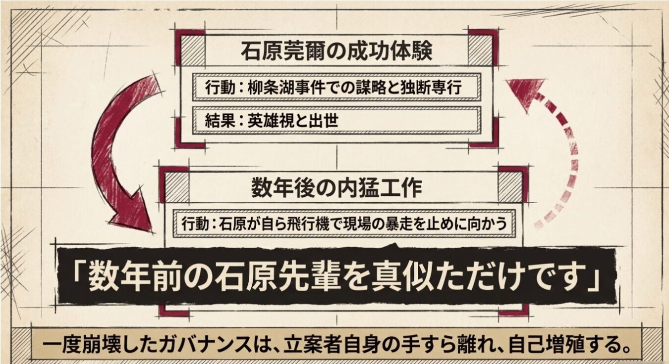 石原莞爾の柳条湖事件での独断専行が成功体験として残り、後の内閣工作で部下が同様の暴走を正当化したことでガバナンスが崩壊し、自己増殖していく様子を示す解説図。