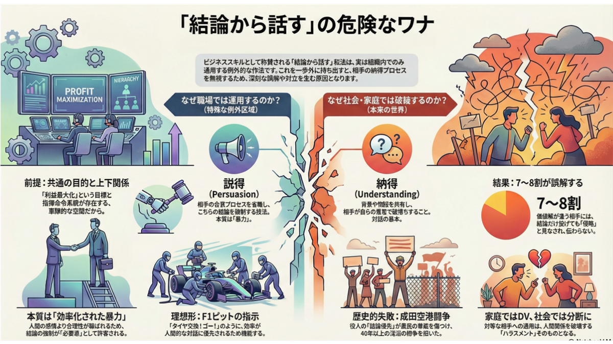 「結論から話す」というコミュニケーション手法がビジネス現場では効率的とされる一方、社会や家庭で用いると誤解や対立を招くという対比構造を図解したインフォグラフィック。