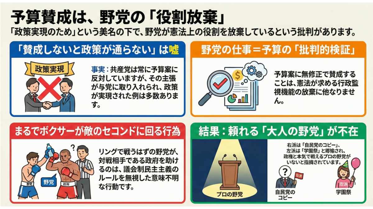 野党による予算案賛成を「役割放棄」と批判し、批判的検証の必要性や問題点を4つの項目とイラストで解説した政治的なインフォグラフィック。