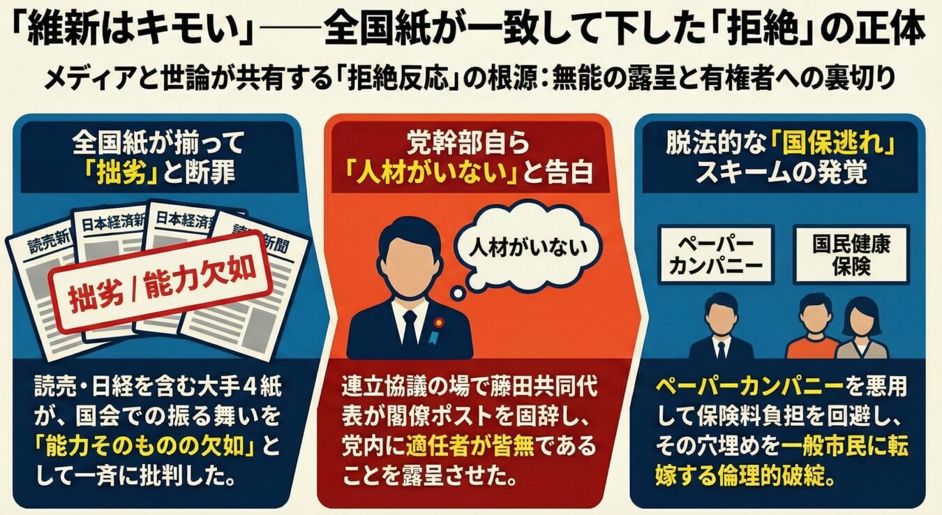 日本維新の会に対するメディアや世間の批判的評価を、「拙劣・能力欠如」「人材不足」「国保逃れ」の3項目に分けて解説するインフォグラフィック。