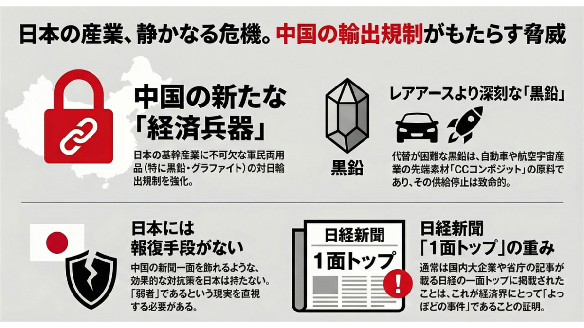 日本の産業界に対する中国の輸出規制（特に黒鉛）の脅威と、それに対する日本の対抗手段の欠如、および日経新聞のトップ記事としての重要性を解説したインフォグラフィック。