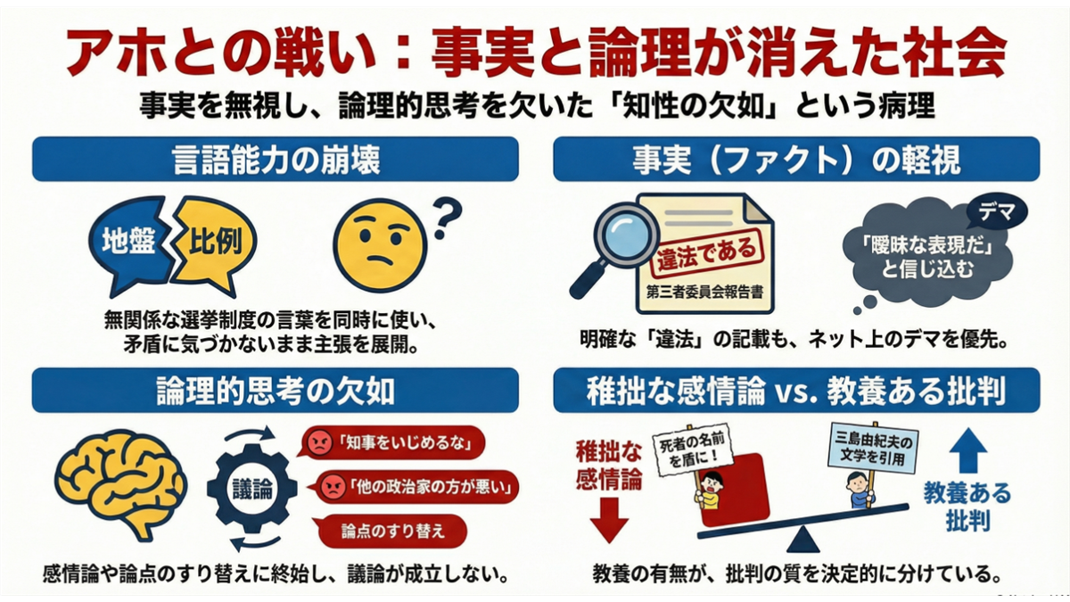 「アホとの戦い:事実と論理が消えた社会」という見出しのもと、言語能力の崩壊、事実の軽視、論理的思考の欠如、稚拙な感情論と教養ある批判の対比を、図解とアイコンを用いて批判的に解説したインフォグラフィック。