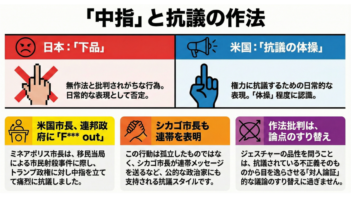 「中指」を立てるジェスチャーに対する日本と米国での認識の違いや、政治的抗議におけるその意義を解説したインフォグラフィック。