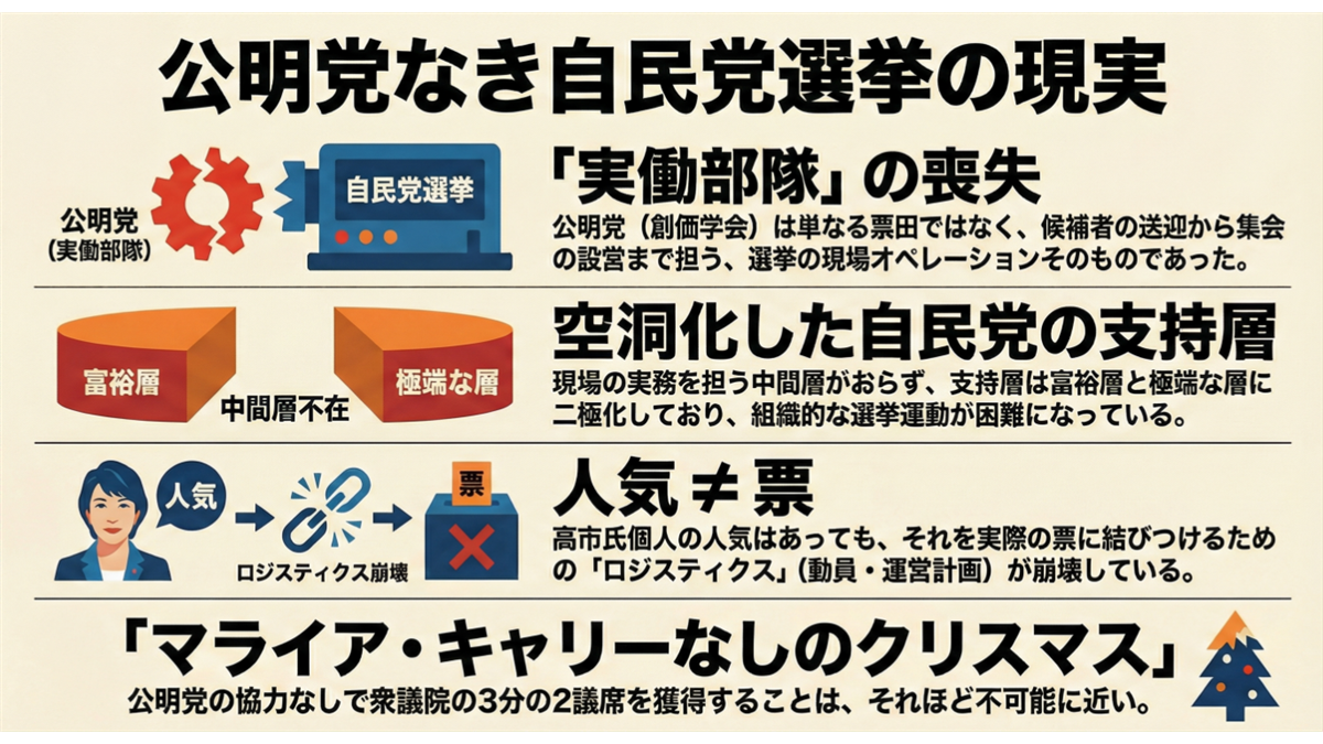 公明党の協力が得られない状況下での自民党の選挙運動が、組織的な動員力や実務能力の欠如により困難であることを、3つの視点(実働部隊の喪失、支持層の空洞化、ロジスティクスの崩壊)から解説したインフォグラフィック。