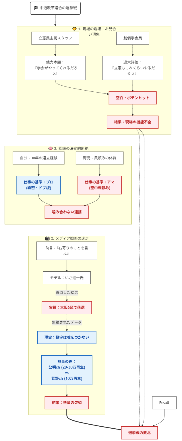 中道改革連合の選挙戦における敗因を、「現場の崩壊」「認識の断絶」「メディア戦略の迷走」という3つの視点から分析したフローチャート。