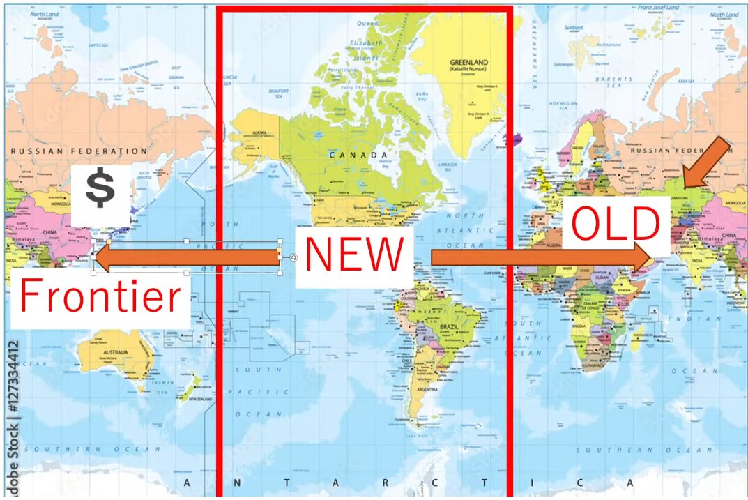 世界地図を背景に、中央の北米・南米地域を「NEW」、左側の極東地域を「Frontier」と「$」、右側のユーラシア大陸地域を「OLD」と位置付け、矢印で示しつつ3つの領域に分割した図。