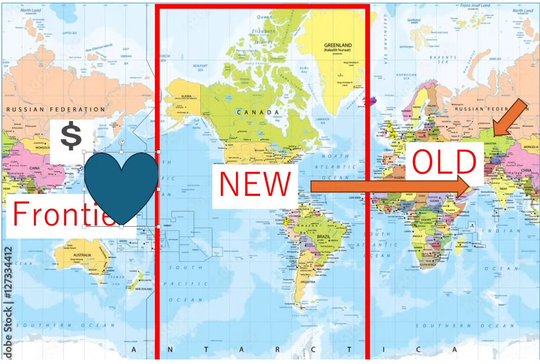 世界地図の中央に「NEW」と記された赤い枠で囲まれた南北アメリカ大陸が配置され、その左側に「$」マークと「Frontie」の文字、右側には「OLD」と記されたユーラシア・アフリカ大陸が配置されたコラージュ画像。
