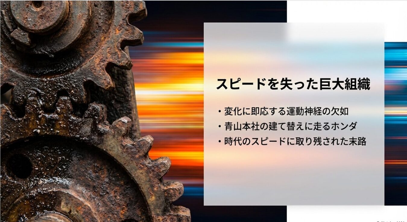 錆びた歯車の背景に「スピードを失った巨大組織」という見出しと、変化への即応欠如やホンダの現状を批判的に指摘する3つの箇条書きが記された画像。