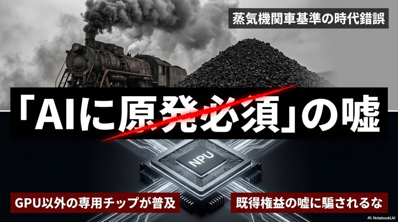「AIに原発必須」という主張を否定するキャッチコピーと、蒸気機関車と石炭、NPU（AI処理用プロセッサ）の画像を組み合わせた、技術進化による省電力化を訴求する主張型のグラフィック。