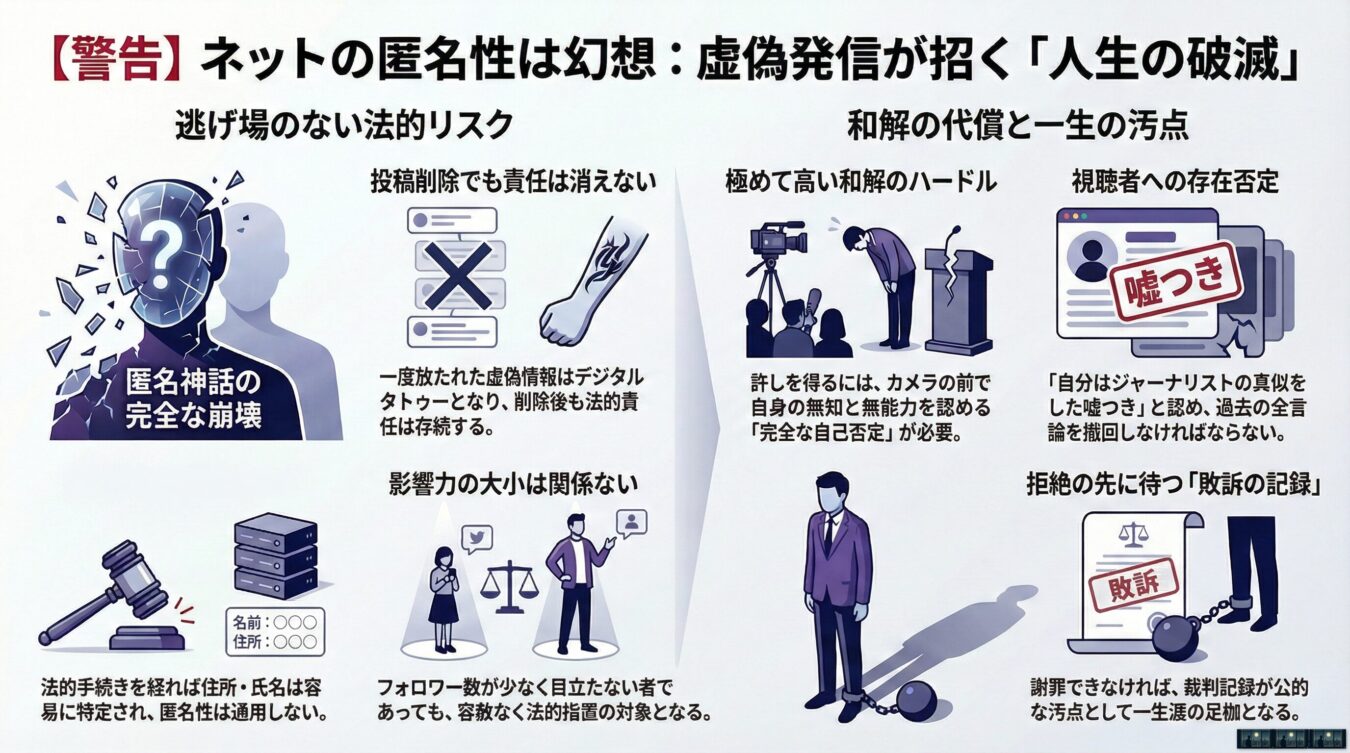 インターネット上の虚偽発信による法的リスクや、和解に至る過酷な代償を説いた警鐘のインフォグラフィック。