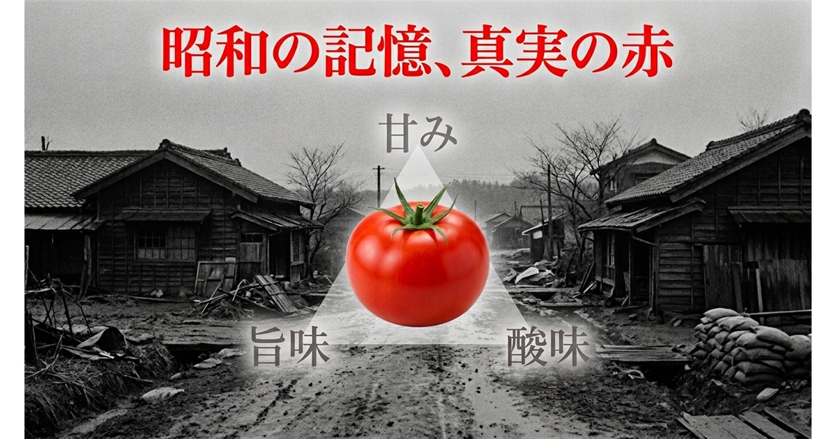 昭和の荒れたモノクロの風景（水害や逃避行を暗示する歴史的背景）をベースに、中央に極彩色で瑞々しい「真っ赤なトマト」が鮮烈に配置されているデザイン。トマトの周囲には薄く「甘味」「旨味」「酸味」の文字が正三角形のレイアウトで浮かび上がる。歴史の重みと本物の食材の対比を視覚的に訴えかける構成。