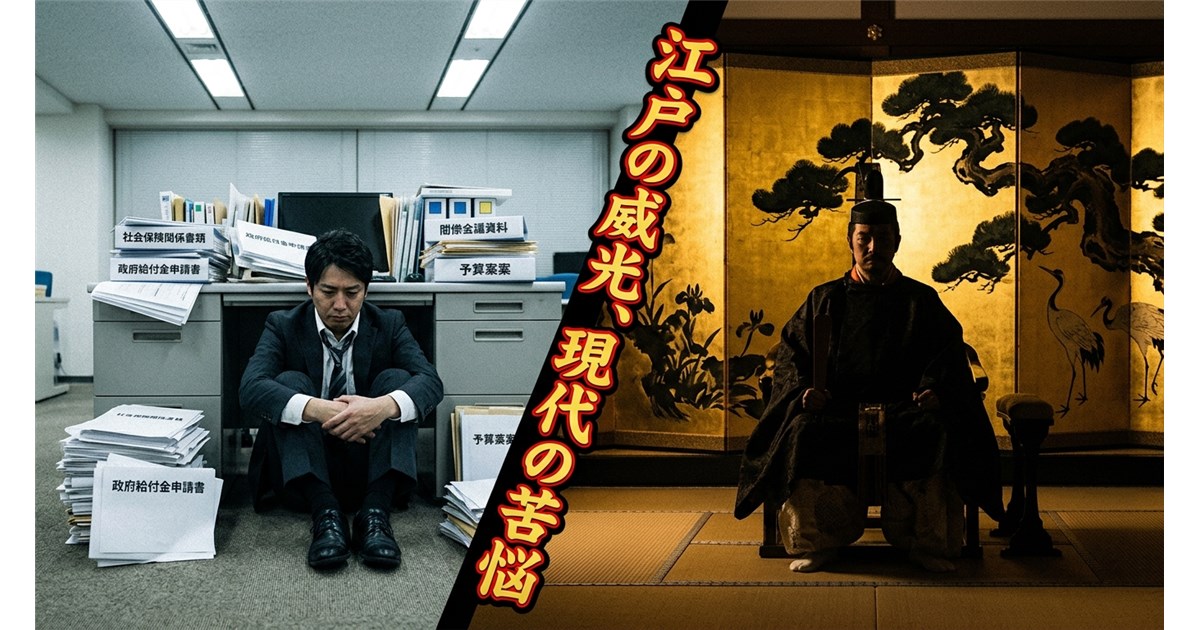 ビジュアル: 重厚な金屏風の前に座る、圧倒的な威圧感を持つ江戸時代の将軍（徳川秀忠のシルエット）と、その後ろで山積みの書類（社会保険や自治体丸投げの書類）に囲まれてポツンと膝を抱えている現代の政治家の残酷な対比。 構図: 画面を斜めに二分割し、右側には「絢爛豪華な歴史的ガバナンス」、左側には「蛍光灯の下で孤独（ぼっち）にうなだれる現代のクソ弱者」を配置。 トーン: 時代劇の「黄金と漆黒」と、現代オフィスの「冷たい無機質な白」の極端なコントラスト。
