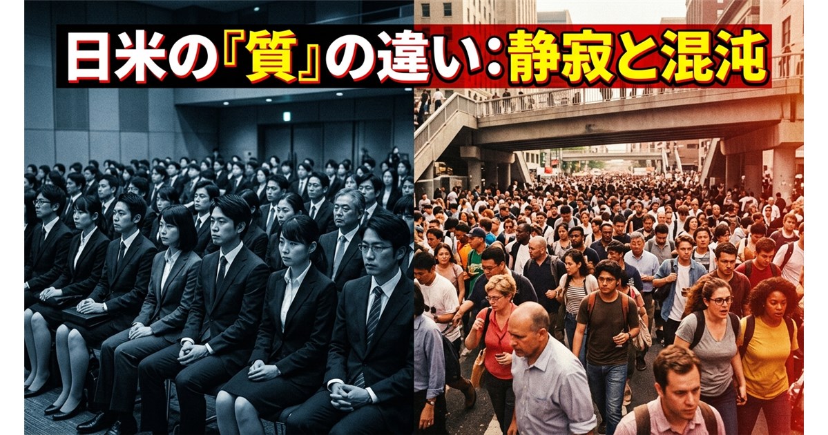 左側には暗闇の中で静かに座るスーツ姿の群衆（青みがかった冷たいトーン）、右側には白昼の歩道橋の下で無秩序に蠢く群集（赤や黄色のノイズが混じった警告トーン）を配置し、日米の「クオリティの差」をシニカルで不穏に際立たせたデザイン。