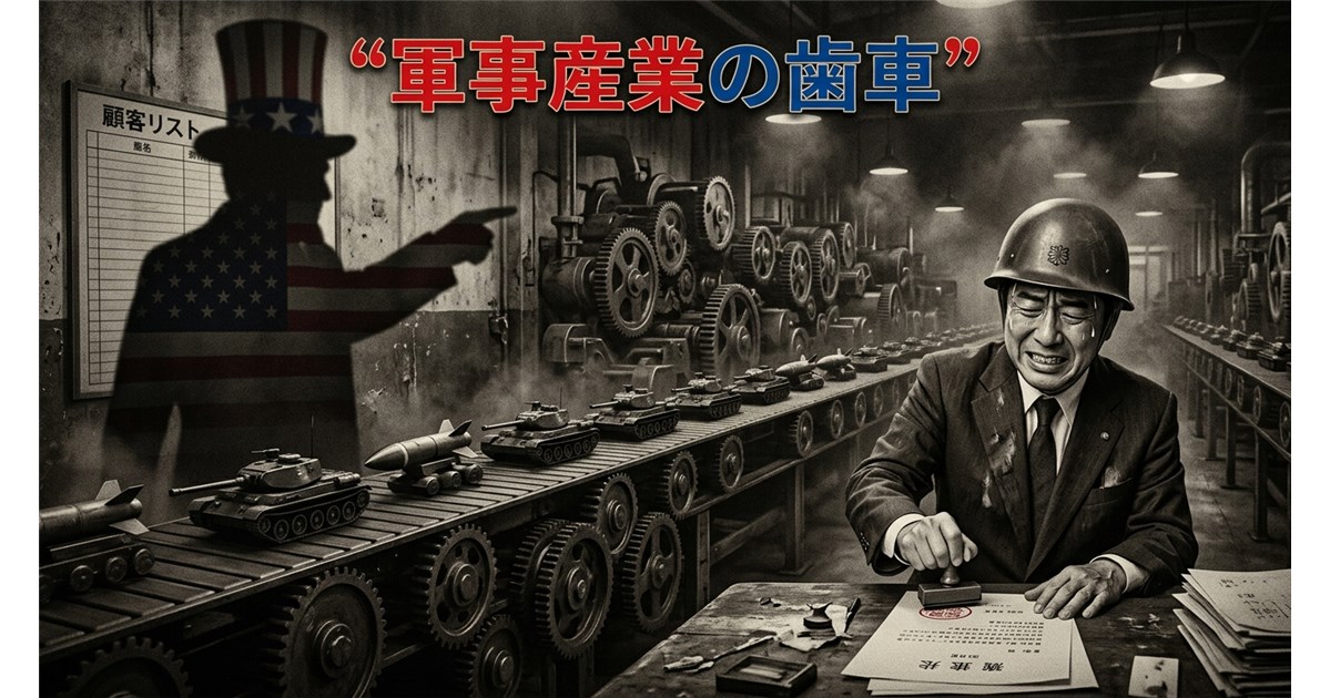 ビジュアル: 『モダン・タイムス』を彷彿とさせる薄暗い歯車と巨大なベルトコンベアが並ぶ工場。 構図: コンベア上には大量の戦車やミサイルが流れ、奥には星条旗のハットを被った巨大な影（アメリカ）が大福帳（顧客リスト）を指差している。手前では、スーツ姿の日本の政治家がヘルメットを被ってへらへらと汗をかきながらハンコを押しているアイロニー満載の構図。 トーン: 重厚なインダストリアルカラー（鉄の色、煤けたセピア）に、星条旗の赤と青だけが毒々しく強調されている色彩。