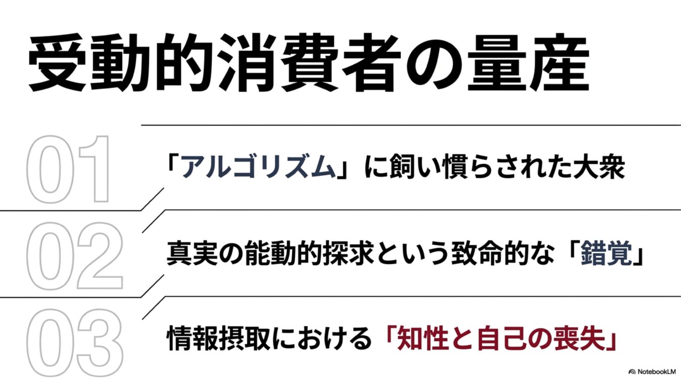 受動的消費者の量産について、アルゴリズムによる大衆の飼い慣らし、真実探求の錯覚、知性と自己の喪失という3つの観点を挙げた図解。