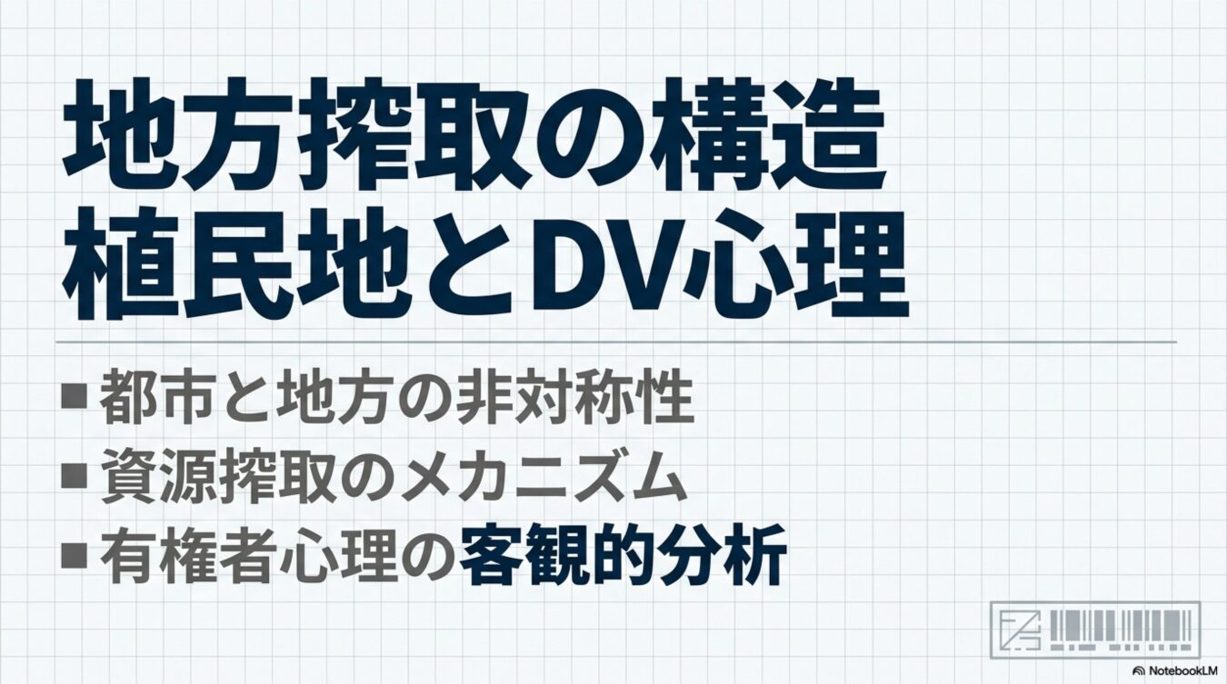 地方搾取の構造を「植民地とDV心理」で解説するスライド。都市と地方の非対称性、資源搾取、有権者心理の客観的分析を紹介。