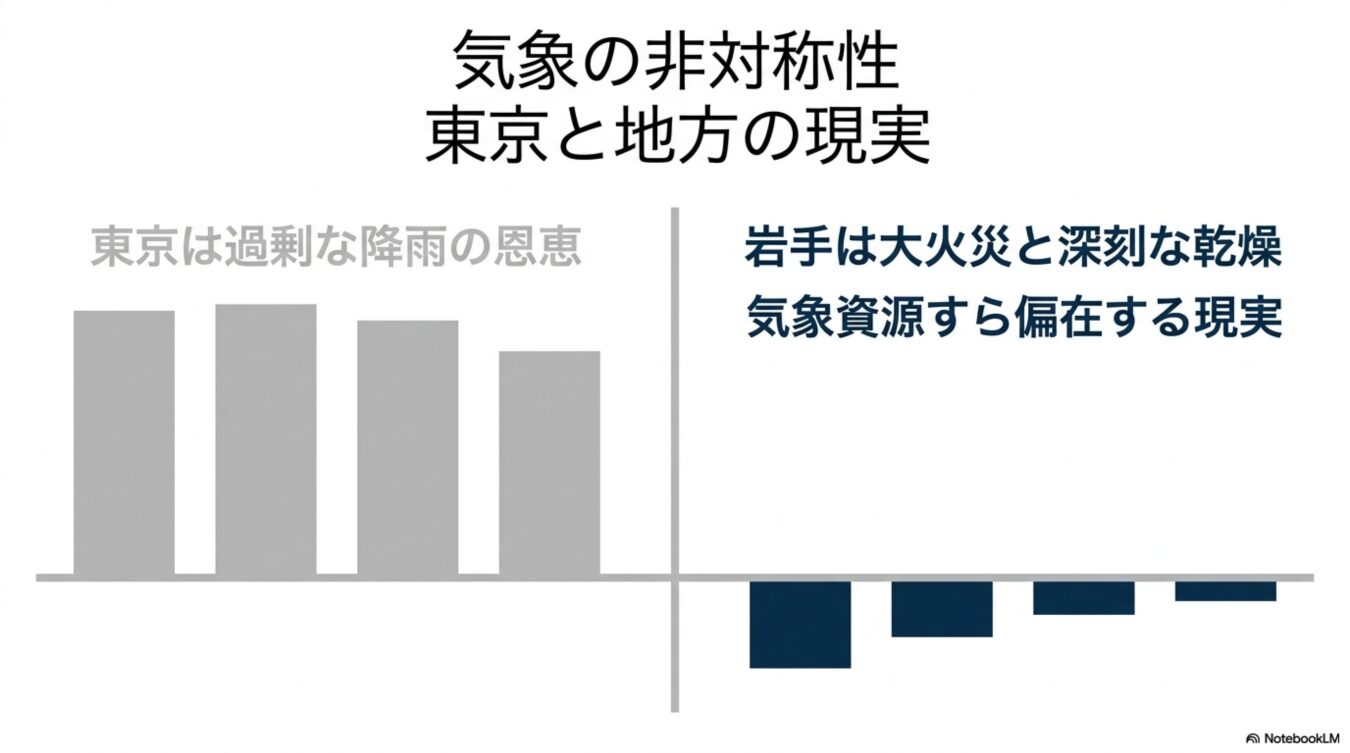 「気象の非対称性 東京と地方の現実」というタイトルのもと、東京の過剰な降雨と岩手の深刻な乾燥・大火災という対照的な状況を棒グラフで示した図。