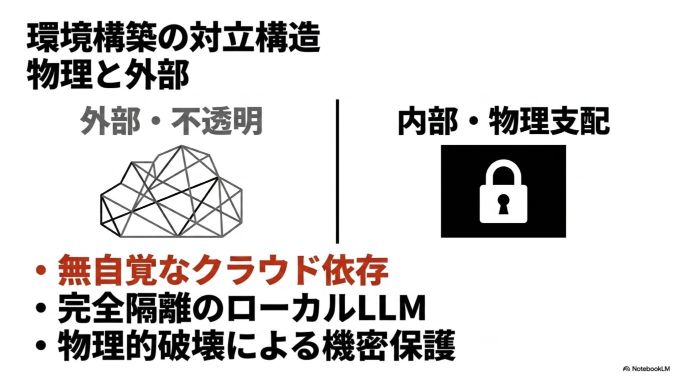 環境構築の対立構造として、不透明なクラウド外部依存と、鍵アイコンで示された閉鎖的かつ物理的に保護されたローカル環境との違い。
