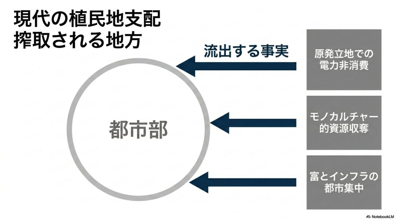「現代の植民地支配 搾取される地方」という見出しの下、都市部への資源や富の集中を、「原発立地での電力非消費」「モノカルチャー的資源収奪」「富とインフラの都市集中」という3つの流出事象として図解した概念図。