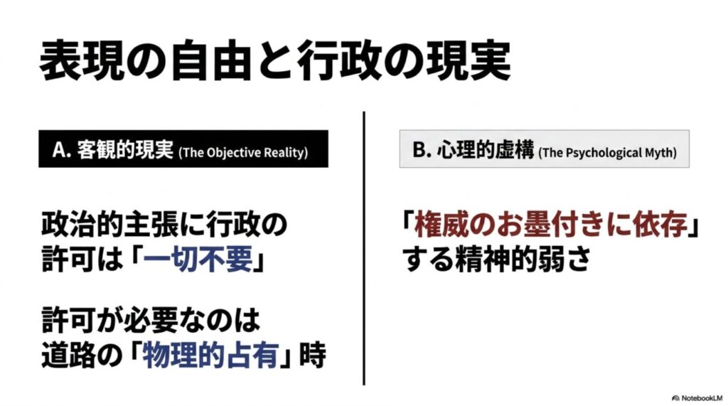 表現の自由と行政の現実について、客観的現実として政治的主張に許可は不要であることと、心理的虚構としての権威依存を対比させた図。