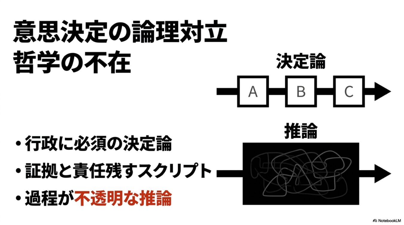 意思決定の論理対立 哲学の不在をテーマに、プロセスが明確な決定論と、過程が不透明で複雑な推論の対比を図式化した資料。