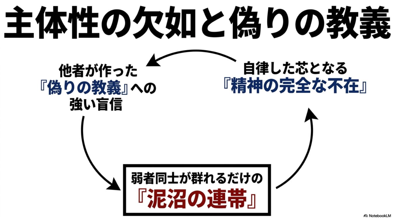 主体性の欠如が偽りの教義への盲信と精神の不在を招き、それが弱者同士の泥沼の連帯へと循環する悪循環の構造図。