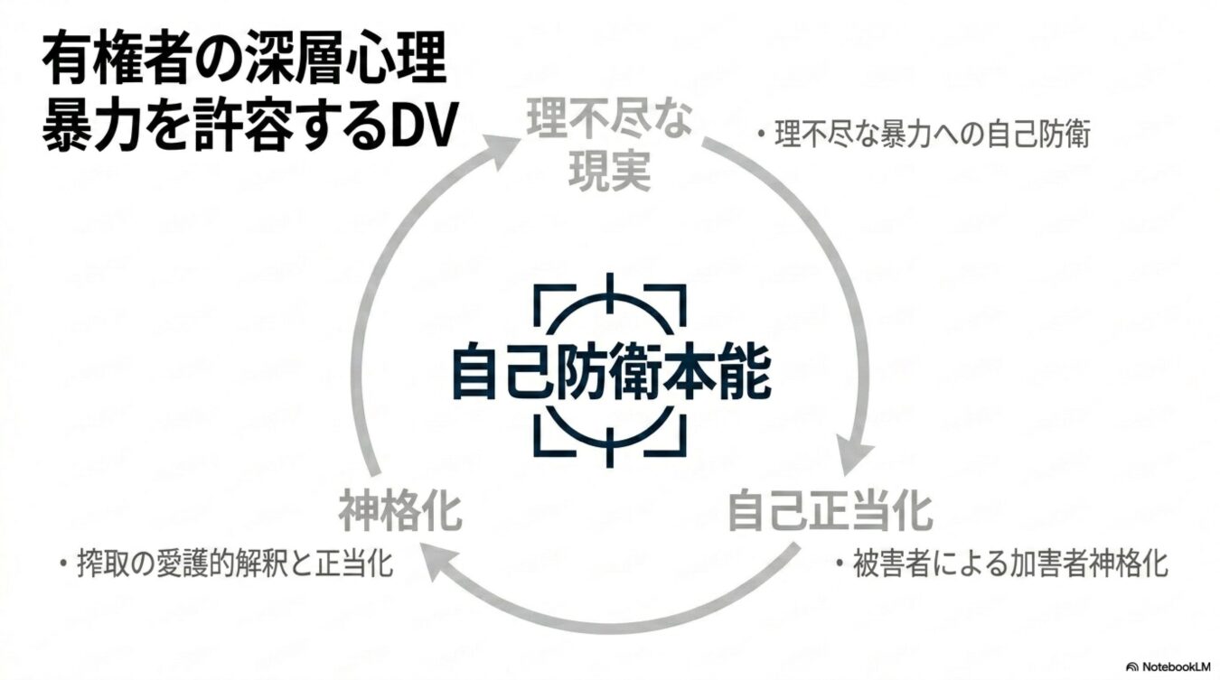 中心に「自己防衛本能」という言葉を据え、「理不尽な現実」「自己正当化」「神格化」の3つの要素が循環し、有権者やDV関係における深層心理の構造を示した図解。