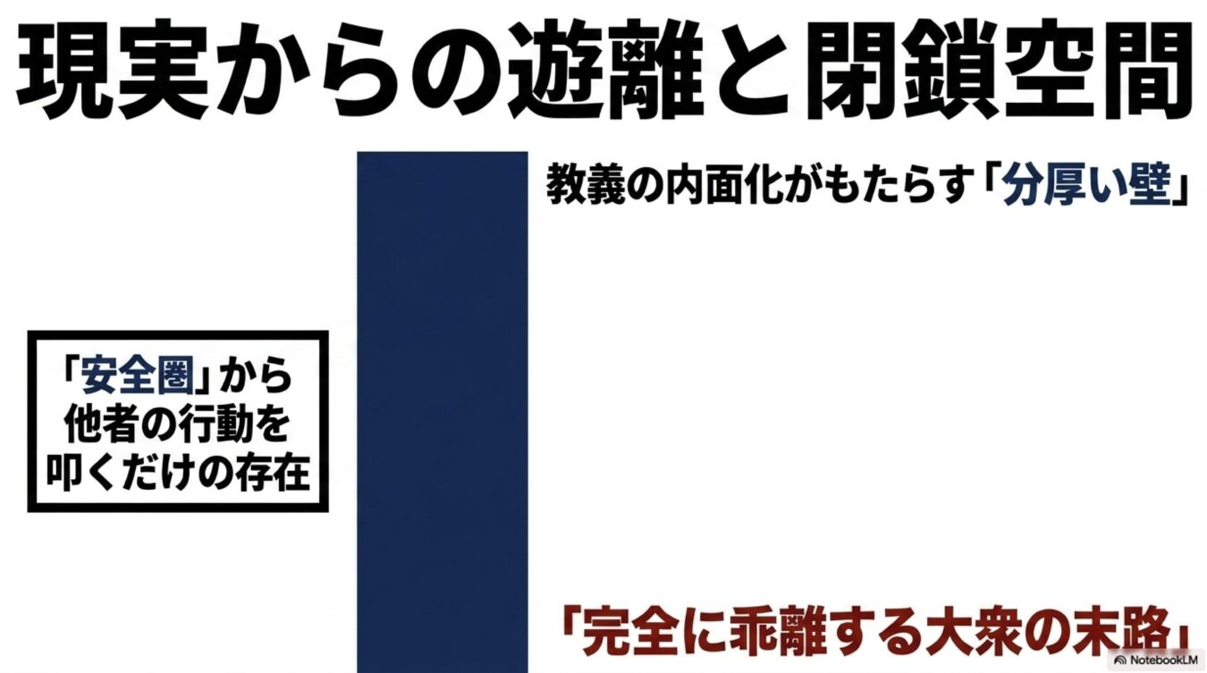 現実からの遊離と閉鎖空間をテーマに、教養の内面化がもたらす分厚い壁と、安全圏から他者を批判する大衆の末路を指摘する図解。