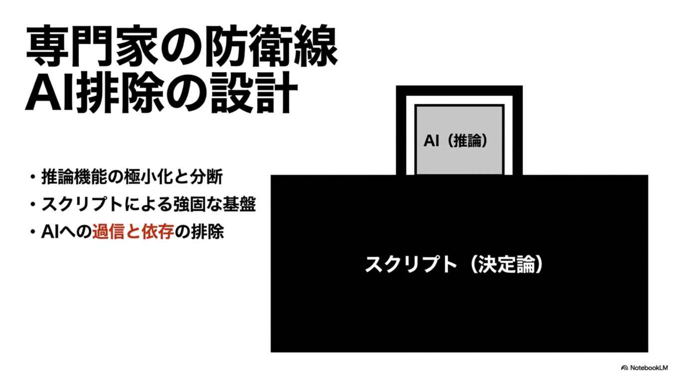 専門家の防衛線として、AIの推論を限定し決定論的スクリプトを基盤に据えるAI排除設計の概念図。推論機能の極小化と過信の排除を提唱する。