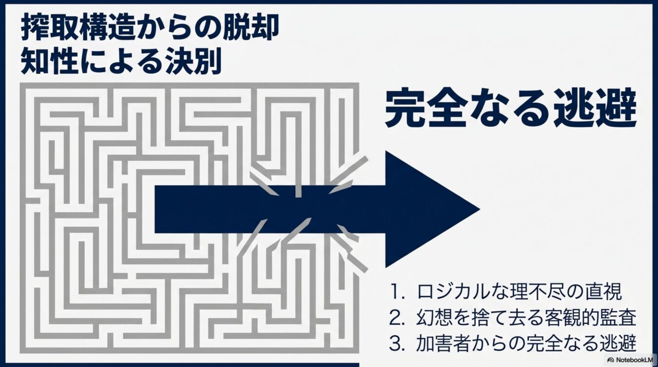 迷路から大きな矢印が突き抜けて右方向へ伸びており、「搾取構造からの脱却 知性による決別」「完全なる逃避」という言葉と、3つの手順が記された図解。