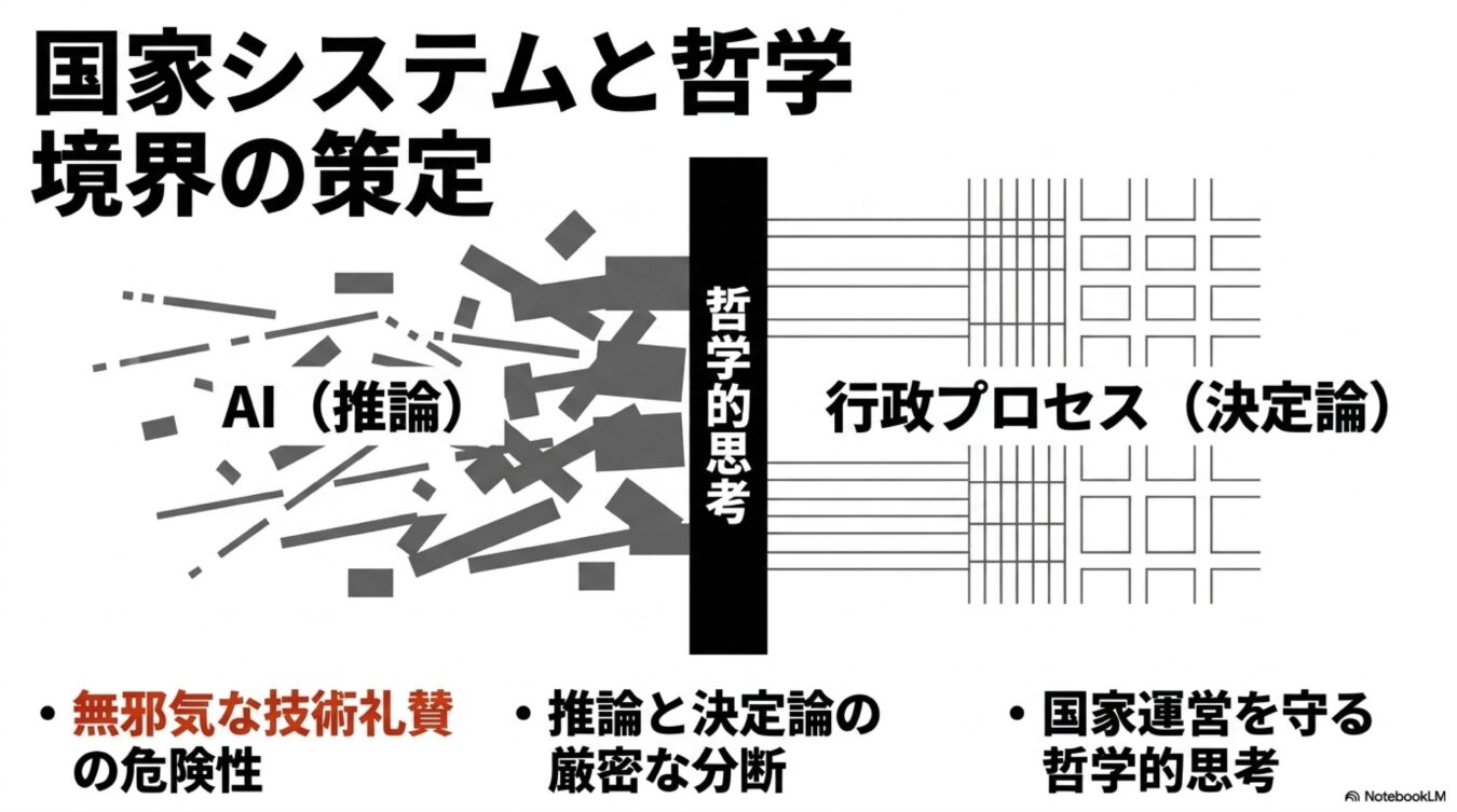 国家システムと哲学という題字のもと、無秩序なAI推論と秩序ある行政プロセスを哲学的な境界線で分断し、国家運営における技術と哲学の厳密な分断の重要性を示した概念図。
