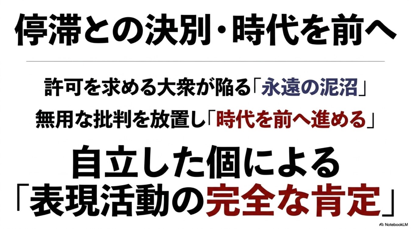 停滞との決別と時代を前へ進めることを掲げ、許可を求める大衆から脱却し、自立した個による表現活動の完全な肯定を主張するメッセージ。