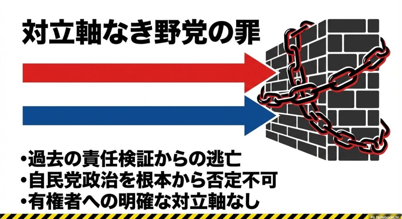 「対立軸なき野党の罪」という見出し、鎖で巻かれた壁に向かう赤と青の矢印のイラスト、および野党の問題点を指摘する3つの箇条書きが描かれています。