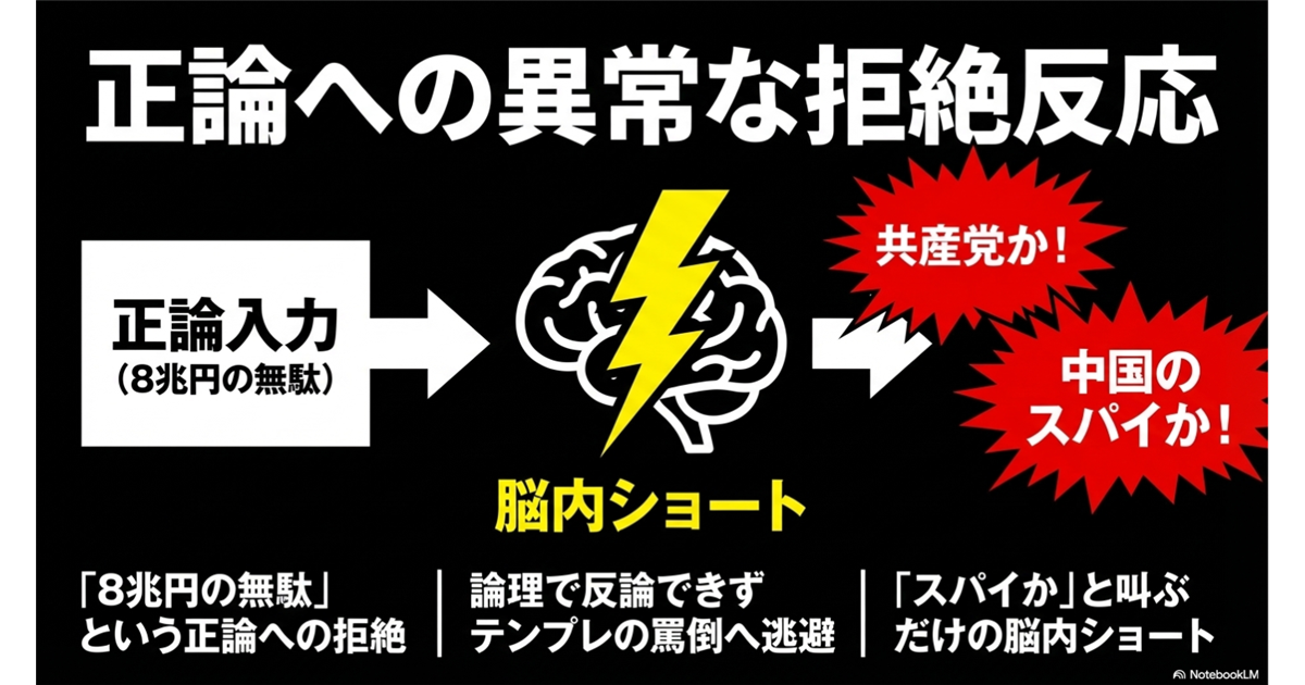 「正論への異常な拒絶反応」と題し、「8兆円の無駄」という指摘に対して、論理的な反論をせず「共産党か」「中国のスパイか」といったレッテル貼りへ逃避する心理的メカニズムを、脳内のショートと矢印を用いて図解したイラスト。