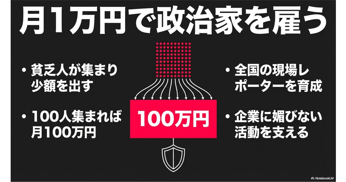 「月1万円で政治家を雇う」という見出しとともに、多くの人から少額の資金を集めて100万円の活動資金を作り、企業の利益に左右されない政治活動と現場の担い手を支援する仕組みを図解したインフォグラフィック。