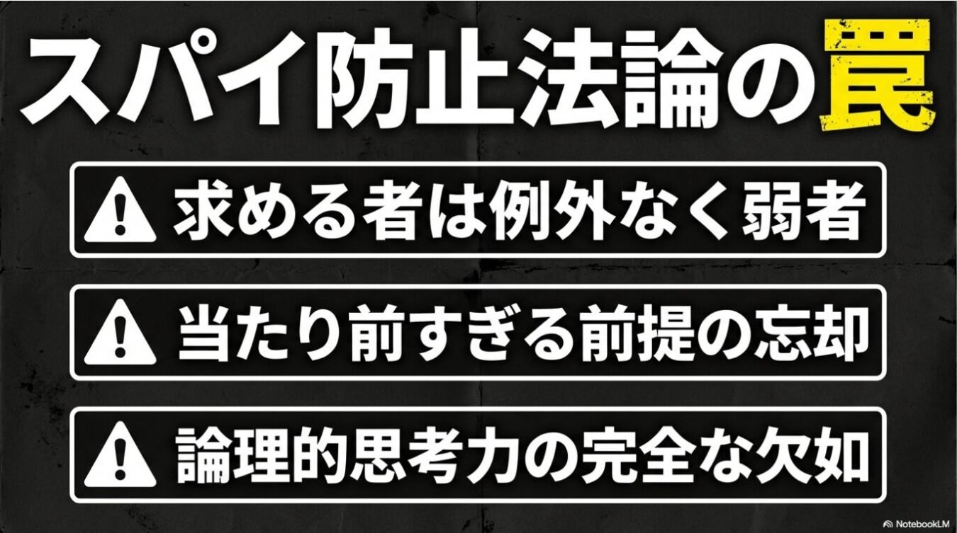 黒い背景に、「スパイ防止法論の罠」という大きなタイトルと、その下に警告アイコンを伴う「求める者は例外なく弱者」「当たり前すぎる前提の忘却」「論理的思考力の完全な欠如」という3つのテキストが並んだ画像。