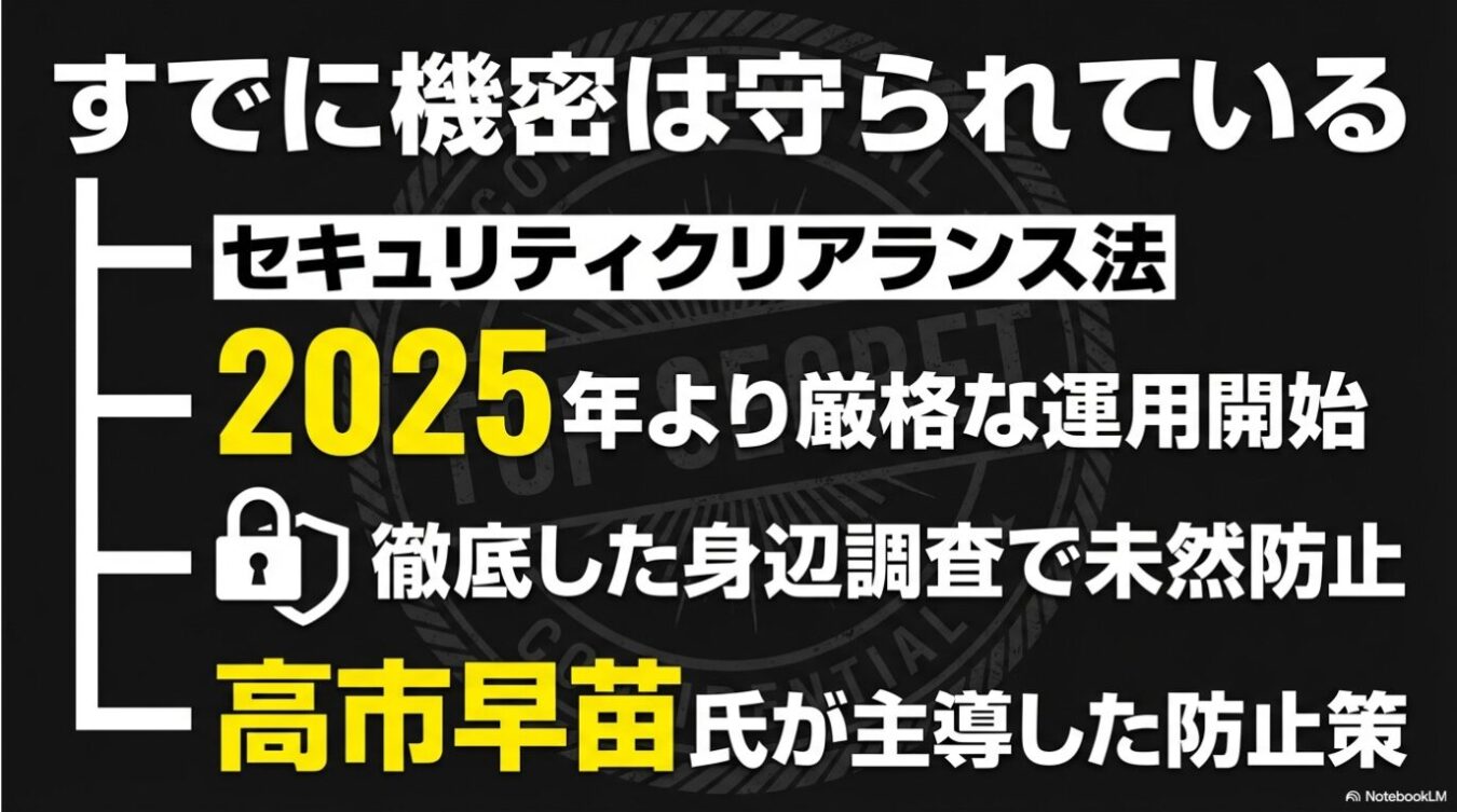 「すでに機密は守られている」という大きな見出しの下に、「セキュリティクリアランス法」「2025年より厳格な運用開始」「徹底した身辺調査で未然防止」「高市早苗氏が主導した防止策」という4つの項目が箇条書きで記された解説画像。