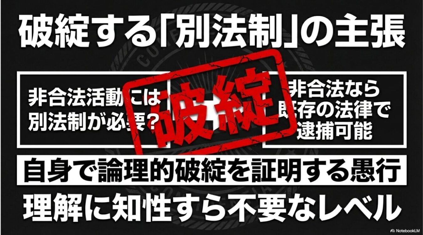 「破綻する『別法制』の主張」というタイトルを掲げ、非合法活動に別法制が必要という主張に対して、既存の法律で逮捕可能であるため論理的に破綻していると批判する主張が書かれた画像。