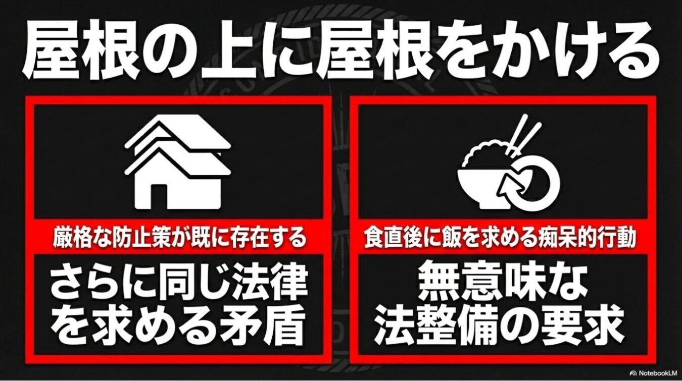 「屋根の上に屋根をかける」という見出しの下に、左側に住宅のアイコンと共に「厳格な防止策が既に存在するのにさらに同じ法律を求める矛盾」、右側に茶碗のアイコンと共に「食直後に飯を求める認知症的行動に例えられる無意味な法整備の要求」を並べた図解。