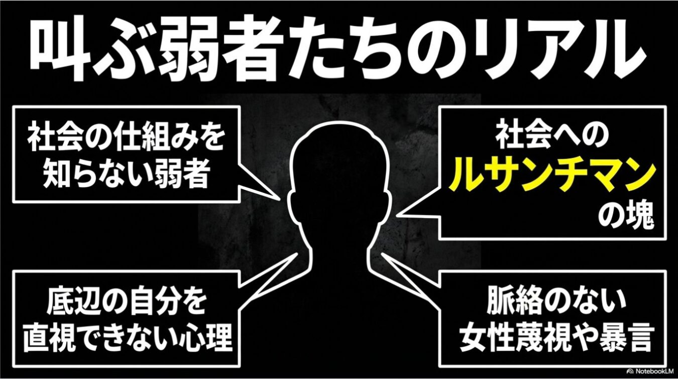 「叫ぶ弱者たちのリアル」という題名の下に、黒い人型のシルエットを中心に据え、「社会の仕組みを知らない弱者」「社会へのルサンチマンの塊」「底辺の自分を直視できない心理」「脈絡のない女性蔑視や暴言」という4つの吹き出しが配置された図解。