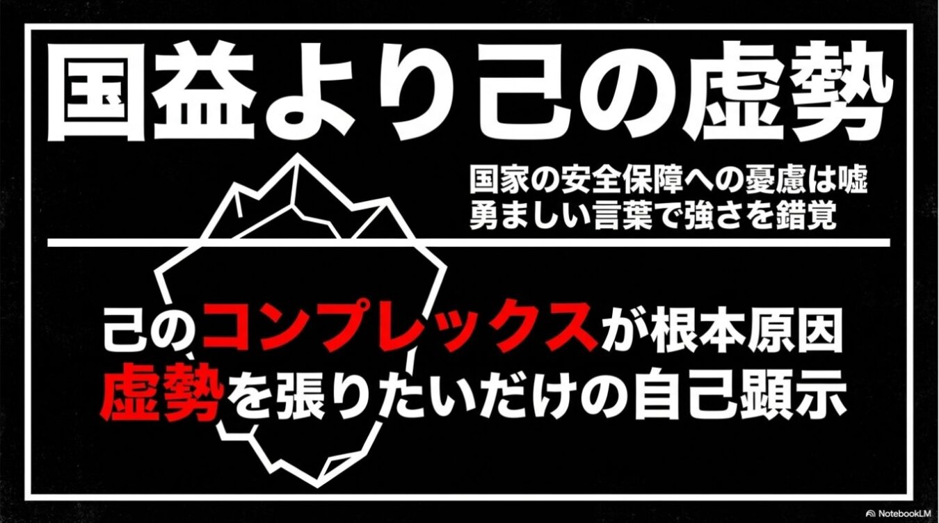 黒い背景に、中央に白い線画の氷山が描かれ、その周囲に「国益より己の虚勢」や「国家の安全保障への憂慮は嘘」といった、政治的な主張や心理的な批判を含む白や赤の日本語テキストが配置された画像。