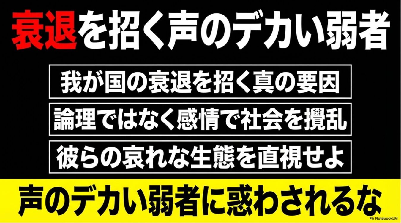 「衰退を招く声のデカい弱者」という大見出しと、「我が国の衰退を招く真の要因」などの3つの主張、および「声のデカい弱者に惑わされるな」という警告が記載された、黒と黄色の背景のテキスト画像。