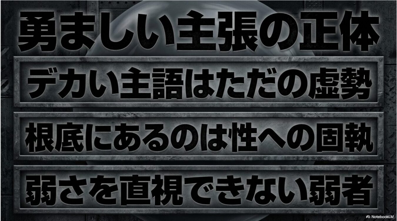 黒い金属調の背景に、「勇ましい主張の正体」「デカい主語はただの虚勢」「根底にあるのは性への固執」「弱さを直視できない弱者」という4つの文章が、それぞれ四角い枠内に太字で順に記されています。