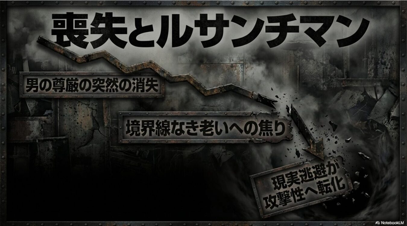 荒廃した背景に、下降するグラフの矢印と「喪失とルサンチマン」という大きな題字、および「男の尊厳の突然の消失」「境界線なき老いへの焦り」「現実逃避が攻撃性へ転化」と記された金属プレートが配置された画像。