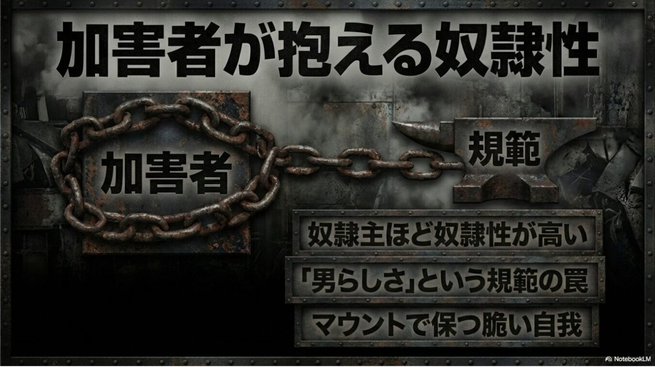 鉄の鎖で繋がれた「加害者」と「規範」という文字が書かれた重厚な背景に、「加害者が抱える奴隷性」「奴隷主ほど奴隷性が高い」「『男らしさ』という規範の罠」「マウントで保つ脆い自我」というテキストが配置された図。
