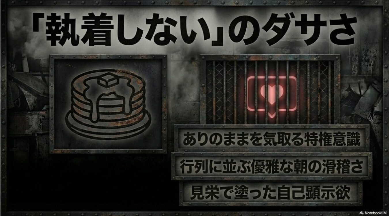 パンケーキのイラストと「いいね」のアイコンが配置された、インダストリアルな背景に「『執着しない』のダサさ」という見出しと、その下に3つの批判的なフレーズが書かれたダークな雰囲気の画像。