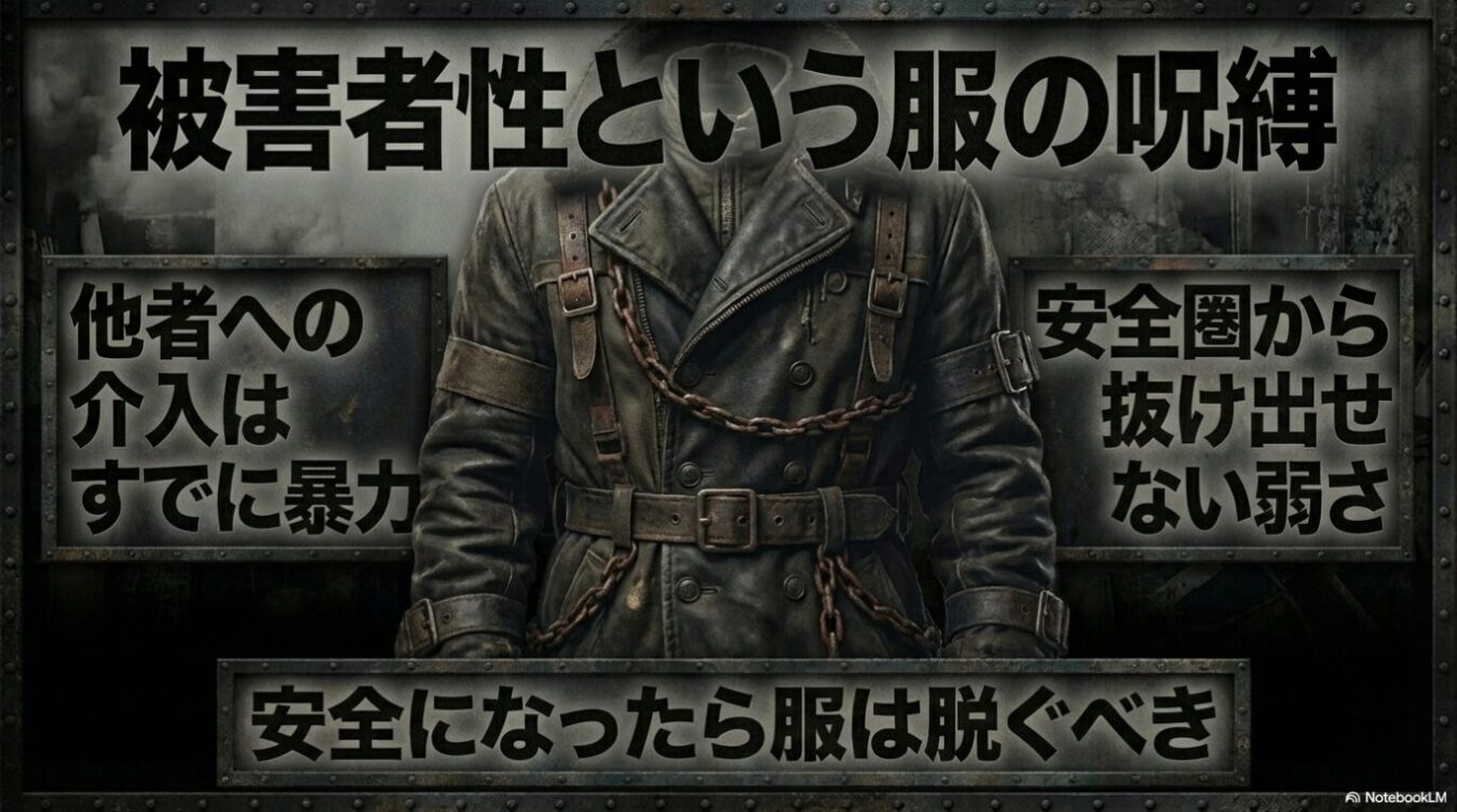 鎖が巻きついた革のコートを着た人物の胴体部分を背景に、中央上部に「被害者性という服の呪縛」、左右に「他者への介入はすでに暴力」「安全圏から抜け出せない弱さ」、下部に「安全になったら服は脱ぐべき」という文字列が配置されたグラフィック。