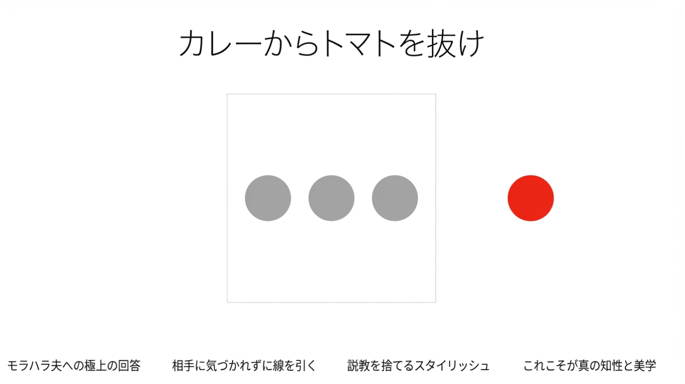 「カレーからトマトを抜け」というタイトルの下に、3つのグレーの円が並んだ正方形の枠と、その右側に離れた赤い円が配置され、下部に4つの短い文章が記載された画像。
