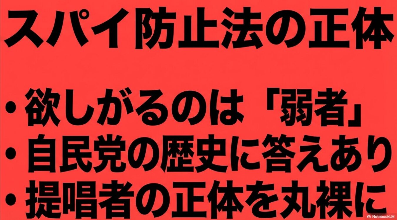 「スパイ防止法の正体」という大きなタイトルの下に、「欲しがるのは『弱者』」「自民党の歴史に答えあり」「提唱者の正体を丸裸に」という3つの項目が記された赤い背景の画像。