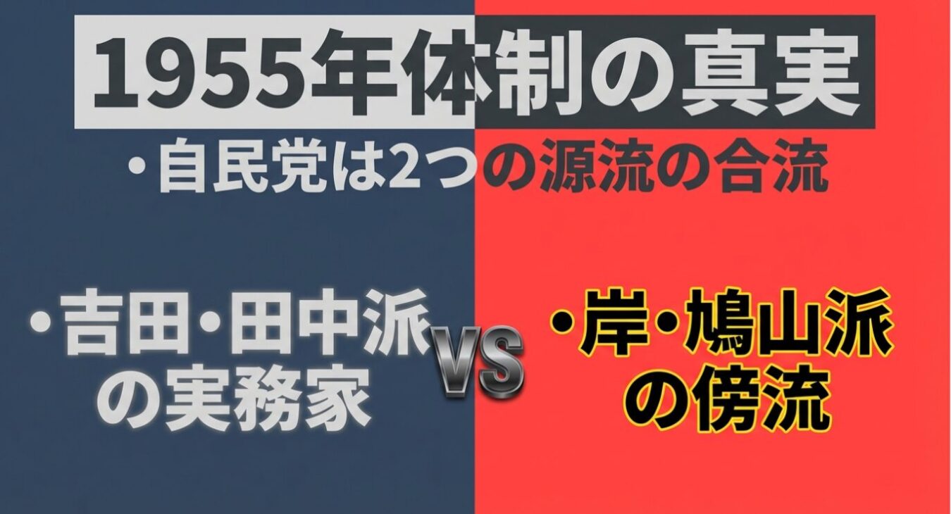 自民党の結成(1955年体制)を2つの潮流として、左側に「吉田・田中派の実務家」、右側に「岸・鳩山派の傍流」と対比させて解説する図。